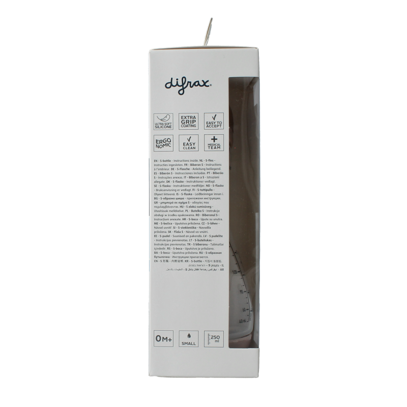 Difrax S-fles Trend 250ml baby bottle with silicone nipple, designed for comfortable feeding and easy grip.