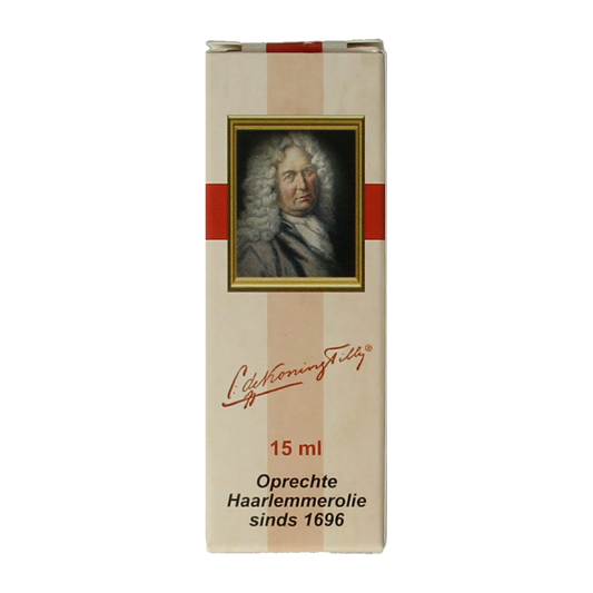 De Koning Tilly Haarlemmerolie magnum bottle, 15ml, Vetzuren supplement with natural oil in a clear container.