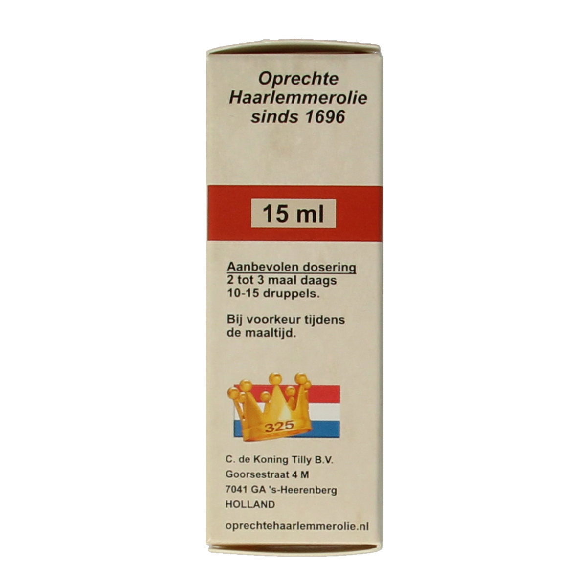 De Koning Tilly Haarlemmerolie magnum 15ml bottle of vetzuren with label and dropper cap, natural health supplement.