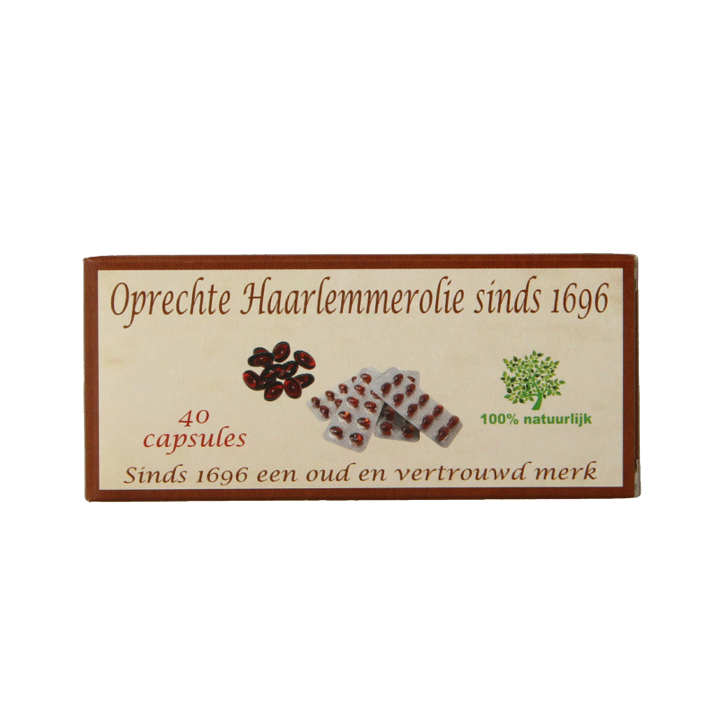 De Koning Tilly Haarlemmerolie 40 capsules, vegan omega-3 fatty acids supplement in a clear plastic bottle.