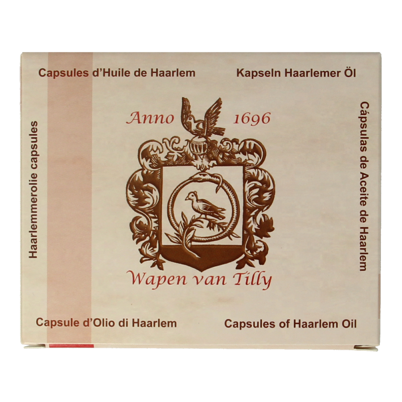 De Koning Tilly Haarlemmerolie capsules, 120 Vetzuren supplement in a bottle, with capsules displayed on a neutral background.