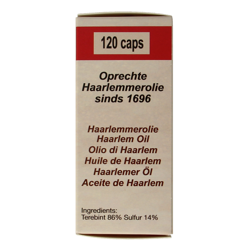 De Koning Tilly Haarlemmerolie 120 capsules, vegan omega-3 fatty acids supplement in a clear plastic bottle with capsules inside.