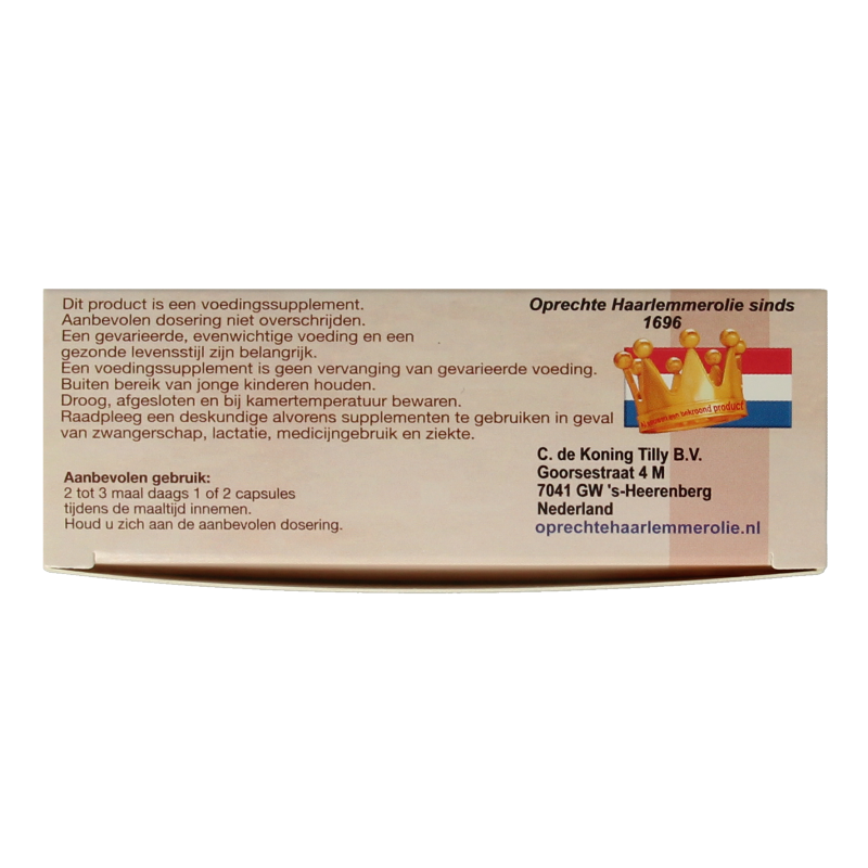 De Koning Tilly Haarlemmerolie 120 capsules, herbal dietary supplement with vetzuren in a plastic bottle.