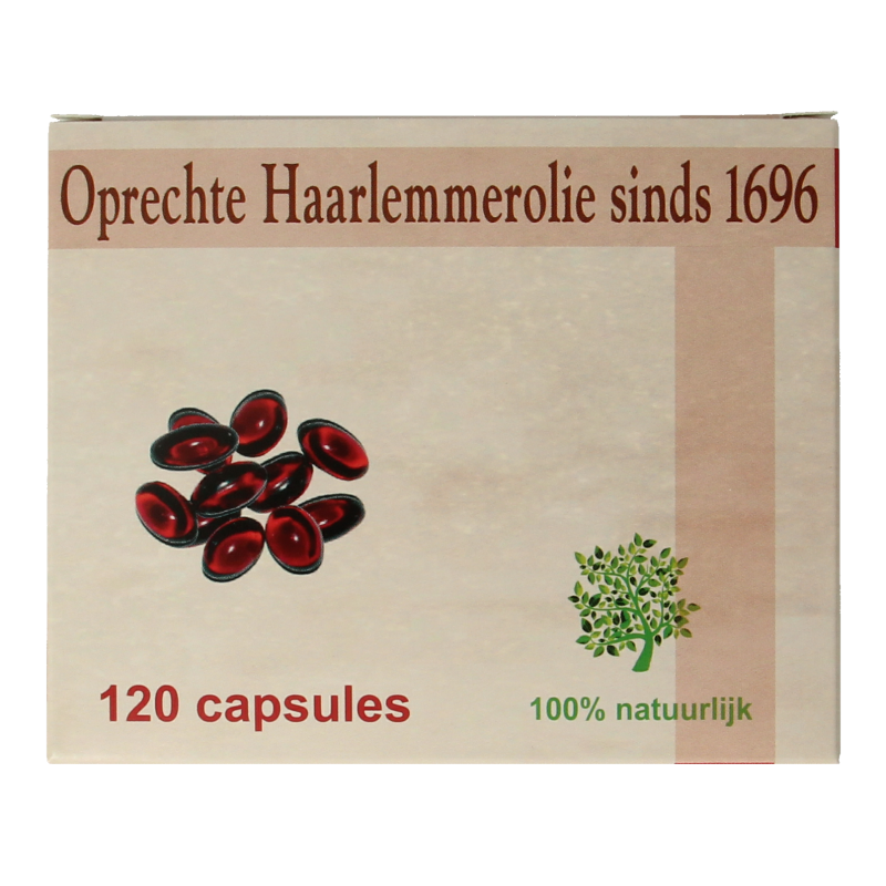 De Koning Tilly Haarlemmerolie 120 capsules of vetzuren supplement, showing the product bottle and label.