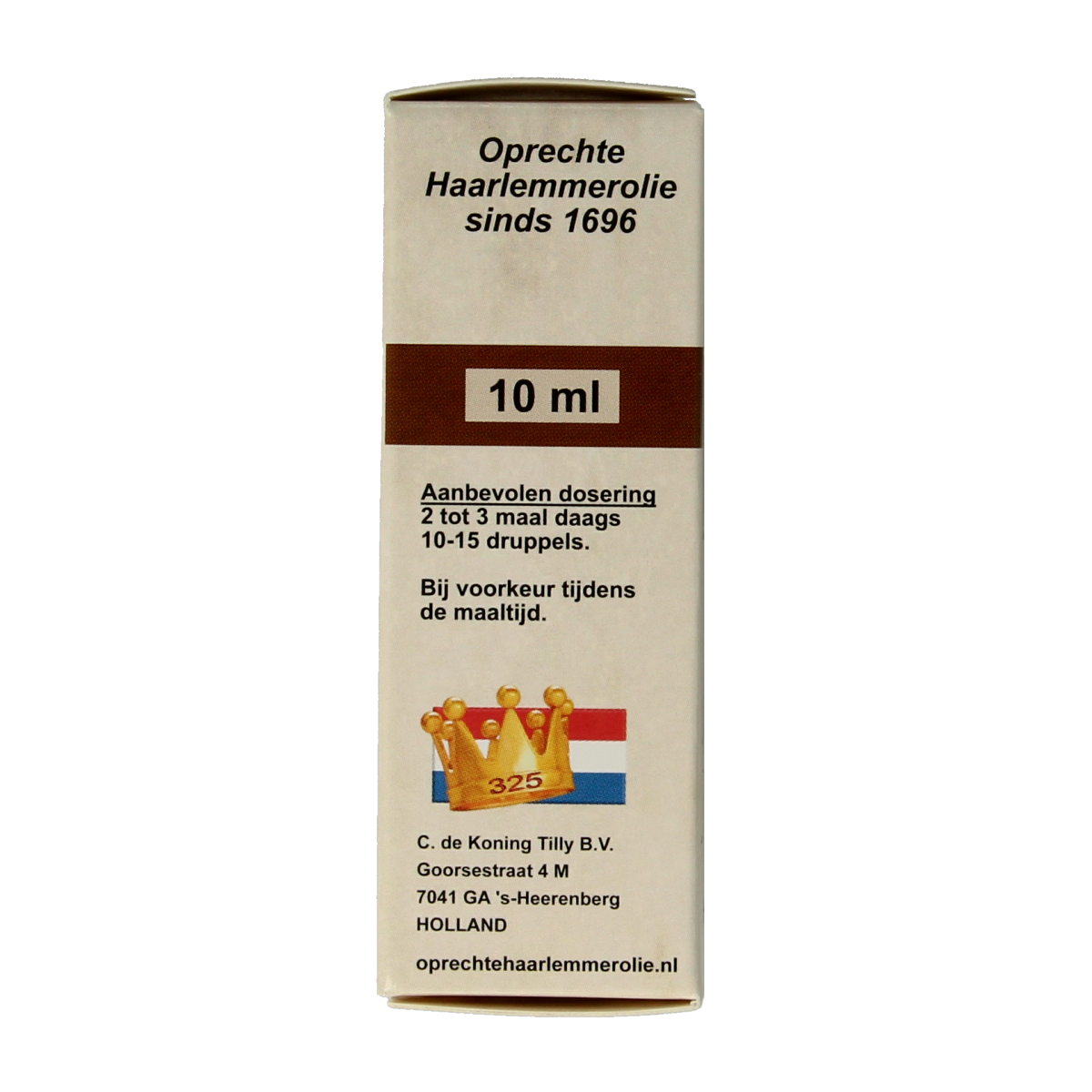 De Koning Tilly Haarlemmerolie vetzuren bottle with label, 10 ml container of fish oil supplement.