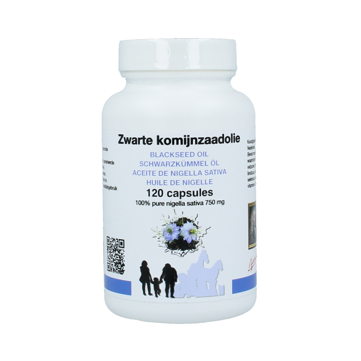 De Koning Tilly zwarte komijnzaad capsules, kruidenpreparaten, 120 capsules, close-up of the supplement bottle and capsules.