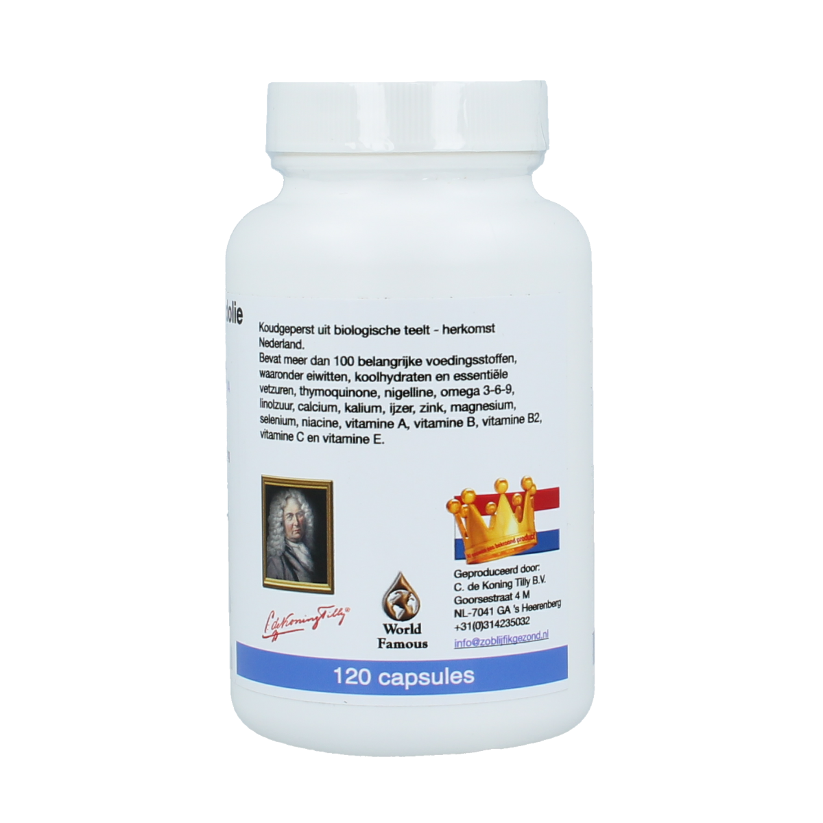 De Koning Tilly zwarte komijnzaad capsules, kruidensupplement in blister pack, 120 capsules for digestive health and wellness.