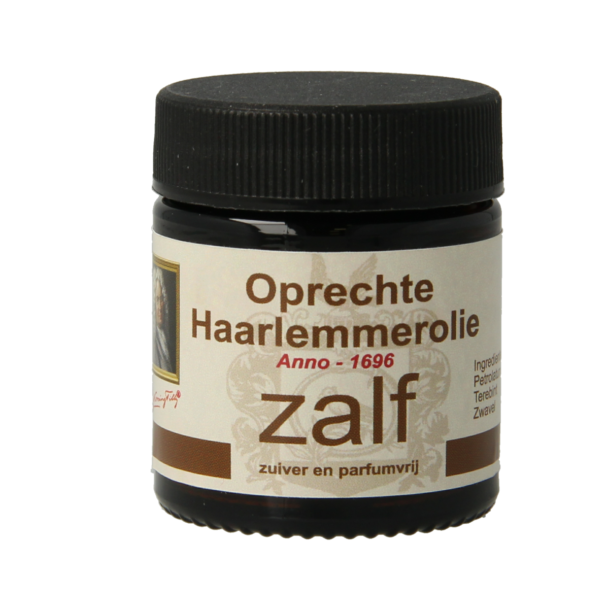De Koning Tilly Haarlemmerolie zalf, 30ml, kruidenpreparaat with herbal medicinal ointment in a small jar.