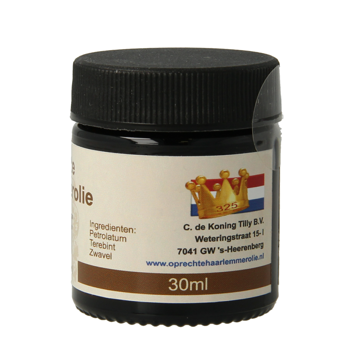 De Koning Tilly Haarlemmerolie herbal ointment in a 30ml tube, herbal preparation for natural skin care.