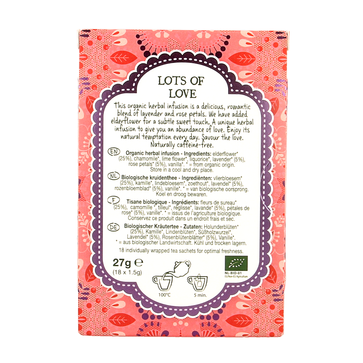 Natural Temptation Lots of Love bio coffee and tea sachets, organic product with 18.00 servings, shown in the image.