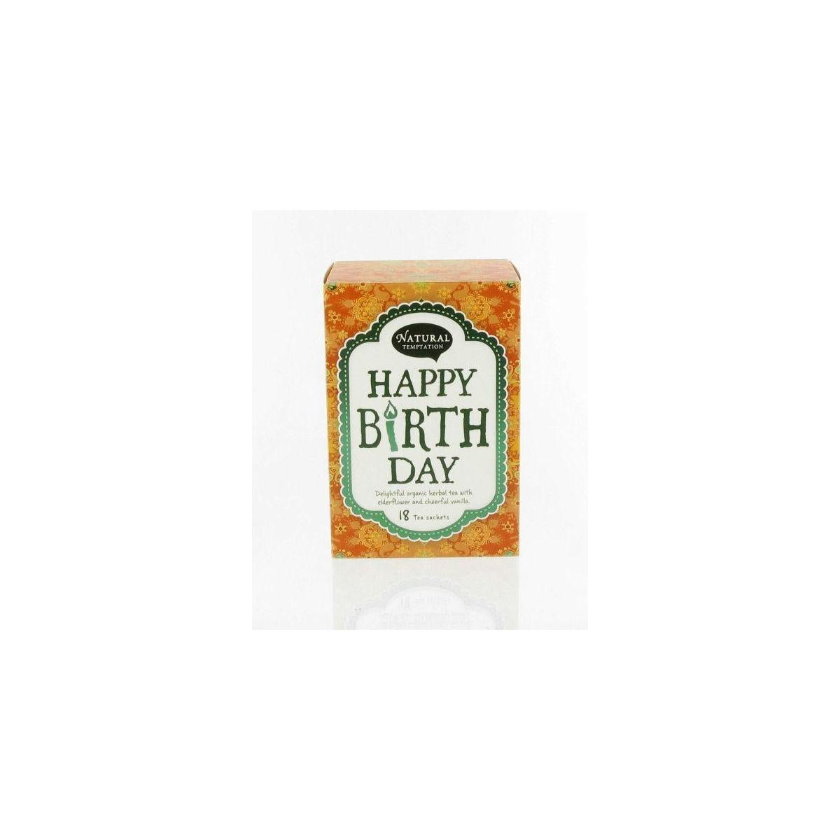 Natural Temptation Happy Birthday organic coffee and tea gift bag, 18.00 Zakjes, featuring a colorful birthday design.