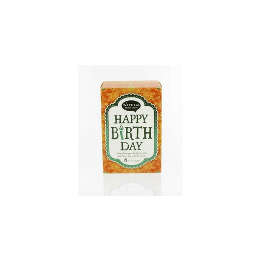 Natural Temptation Happy Birthday organic coffee and tea gift bag, 18.00 Zakjes, featuring a colorful birthday design.