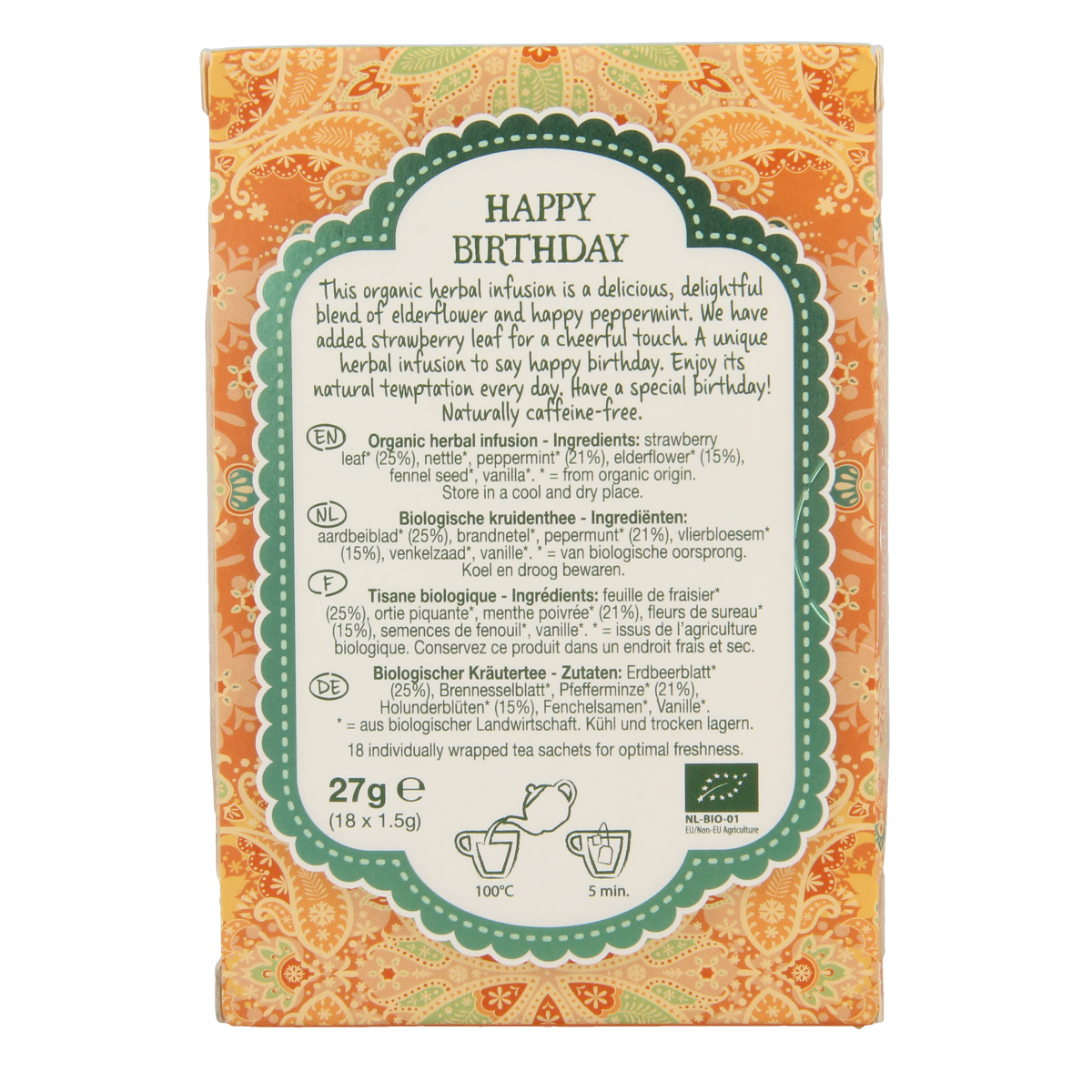 Natural Temptation Happy Birthday organic coffee and tea gift set with 18 bio sachets, featuring colorful packaging.