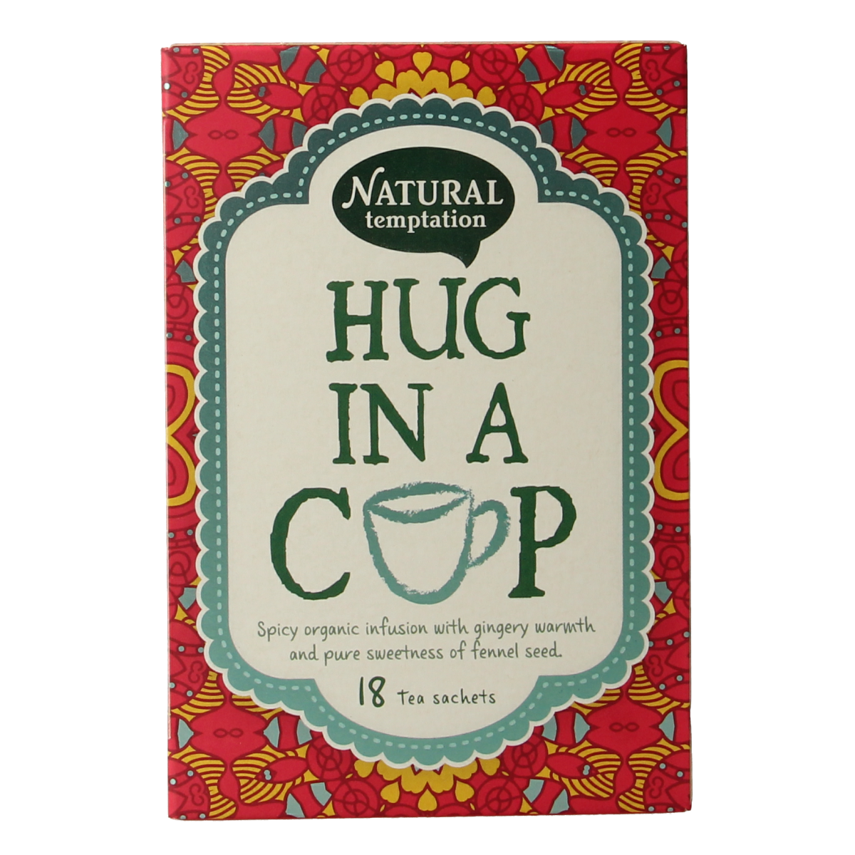 Natural Temptation Hug in a Cup bio coffee and tea blend, 18-gram sachets, featuring organic ingredients and comforting aroma.