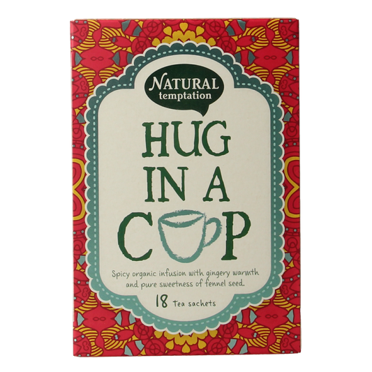 Natural Temptation Hug in a Cup bio coffee and tea blend, 18-gram sachets, featuring organic ingredients and comforting aroma.