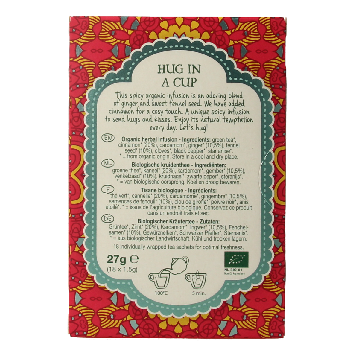 Natural Temptation Hug in a Cup bio coffee and tea sachets, organic blend in a colorful package, perfect for cozy moments.
