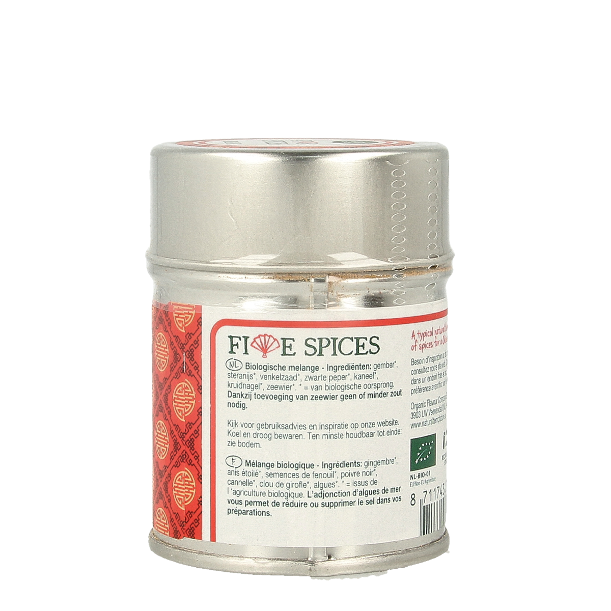 Natural Temptation five spices blend in a 50g bio spice container, featuring a mix of natural herbs and seasonings.