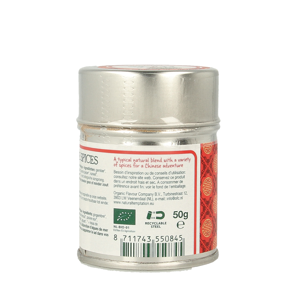 Natural Temptation five-spice blend in a 50g natural, organic spice jar, ideal for seasoning and meal preparation.