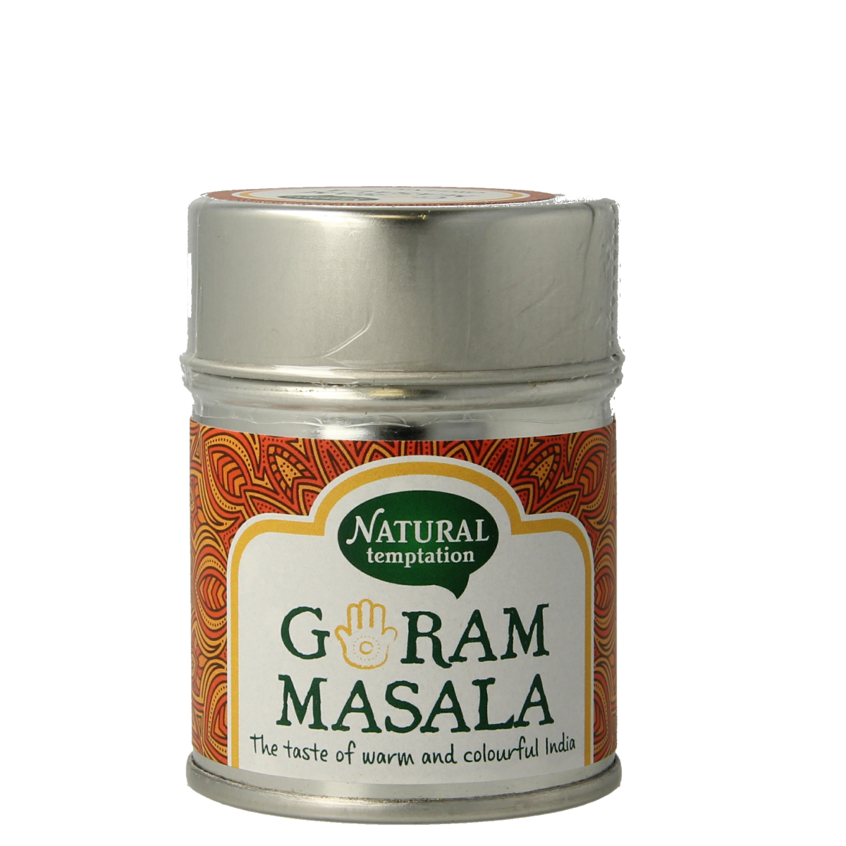 Natural Temptation Garam Masala spices in a 50g biodegradable tin, showcasing colorful spice blend for authentic Indian flavor.