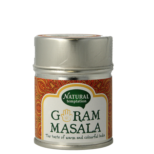 Natural Temptation Garam Masala spices in a 50g biodegradable tin, showcasing colorful spice blend for authentic Indian flavor.