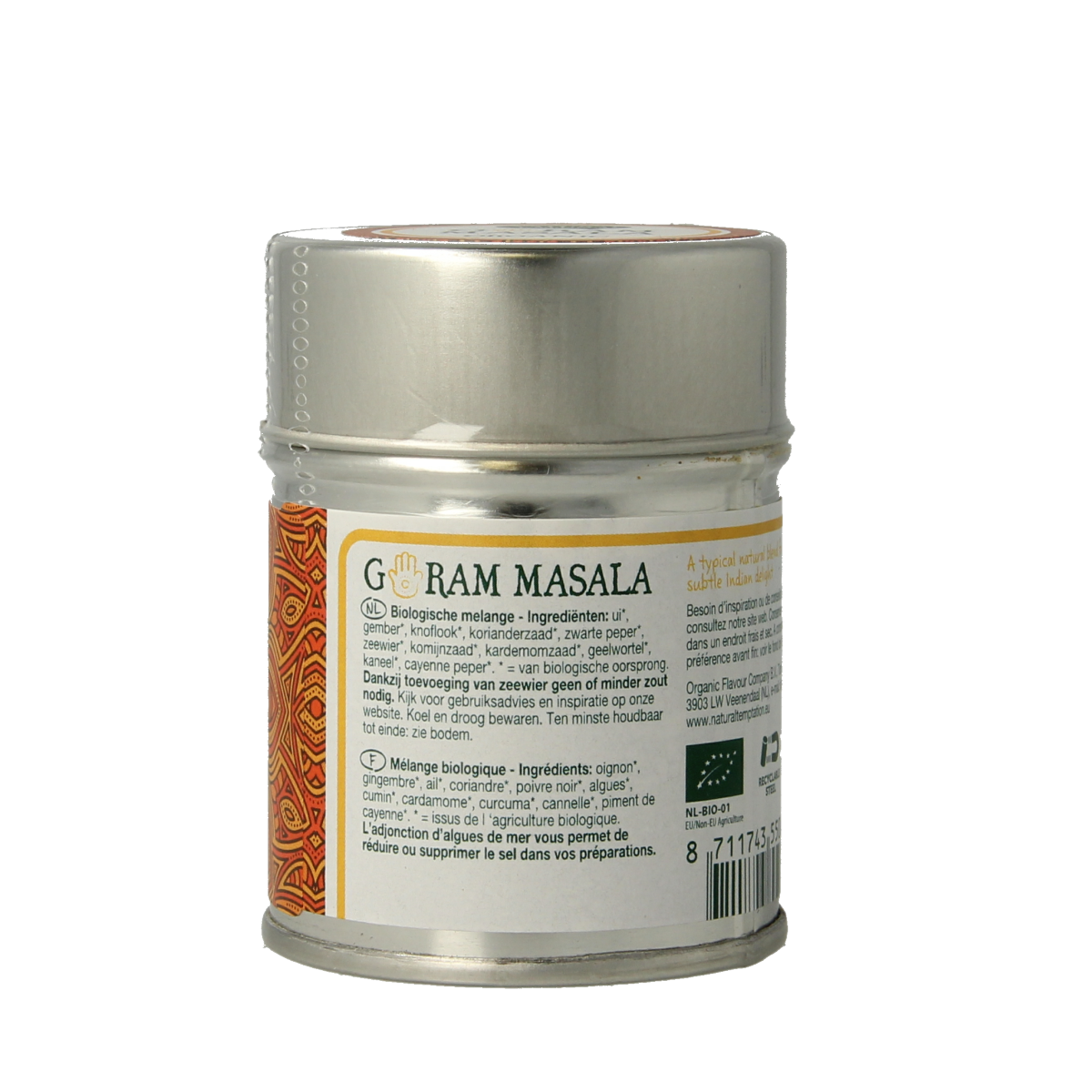 Natural Temptation Garam Masala spice jar with bio label, 50g, featuring a blend of natural spices in a black container.