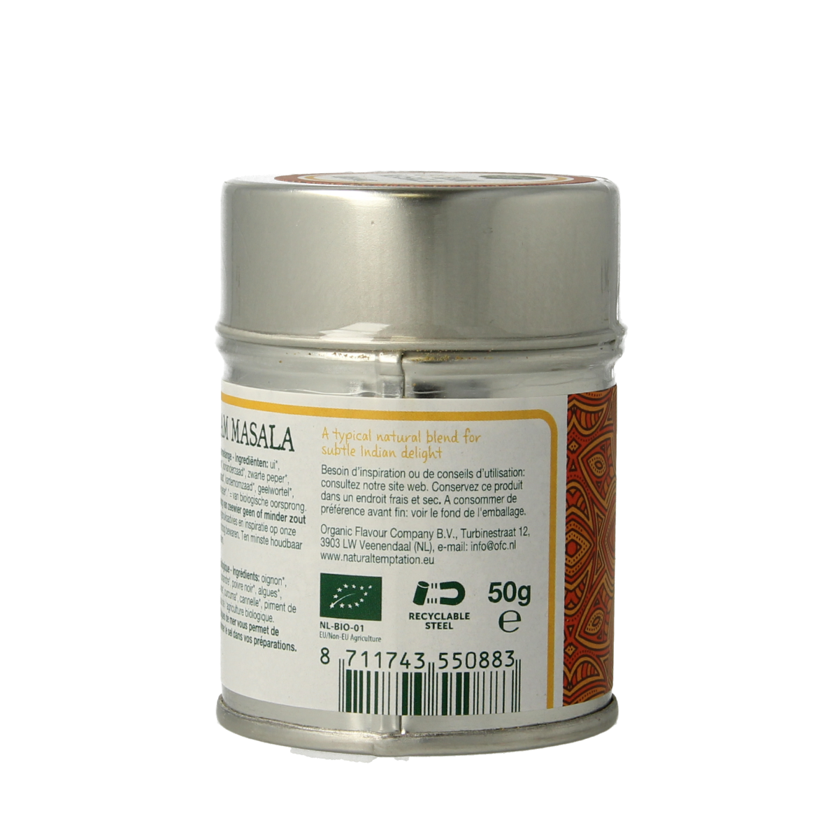 Natural Temptation Garam Masala spice jar featuring organic spices, 50 grams, with a label and spice blend visible.