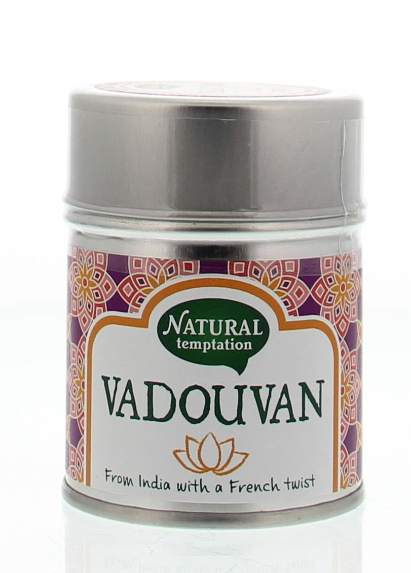 Natural Temptation Vaduovan blikje with 50g of organic natural spices, featuring a colorful assortment of herbs and seasonings.