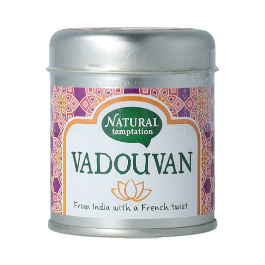 Natural Temptation Vadouvan spice blend in a 50g natural and organic package, featuring a fragrant curry spice mix.