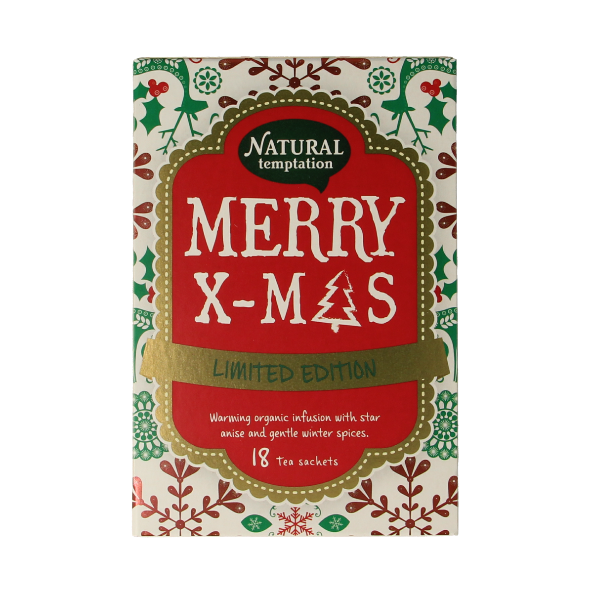Natural Temptation Merry X-mas organic coffee and tea gift bags, festive holiday packaging with 18 biodegradable sachets.