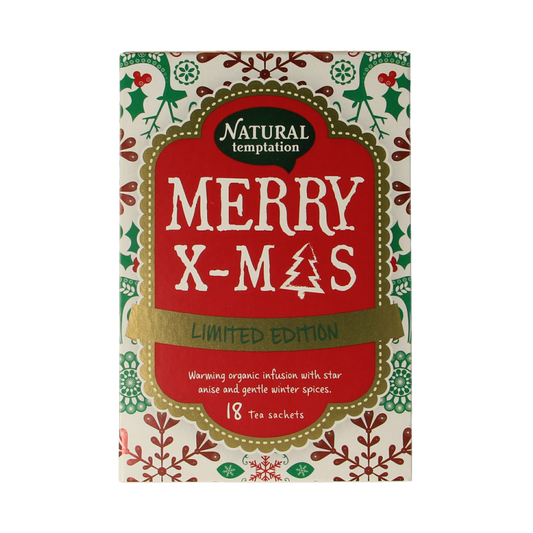 Natural Temptation Merry X-mas organic coffee and tea gift bags, festive holiday packaging with 18 biodegradable sachets.