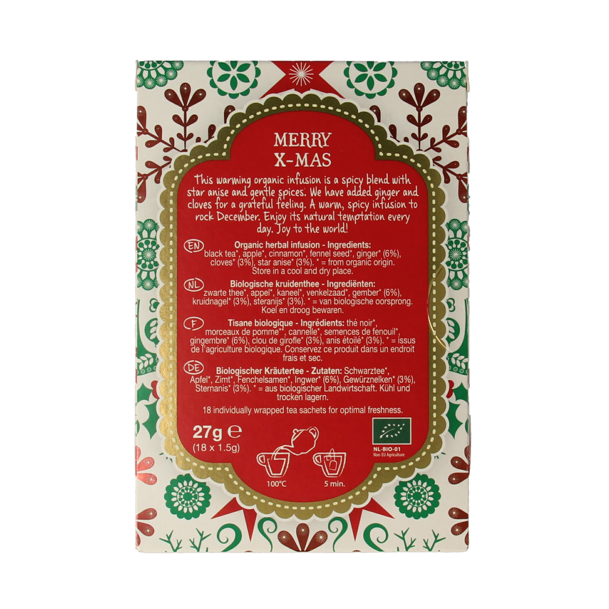 Natural Temptation Merry X-mas organic coffee and tea in 18-pack, festive bio beverage assortment with holiday flavors.