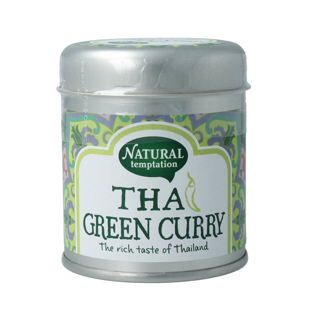Natural Temptation Thai green curry seasoning mix in a 35g bio blikje, with herbs, spices, and ingredients for authentic flavor.