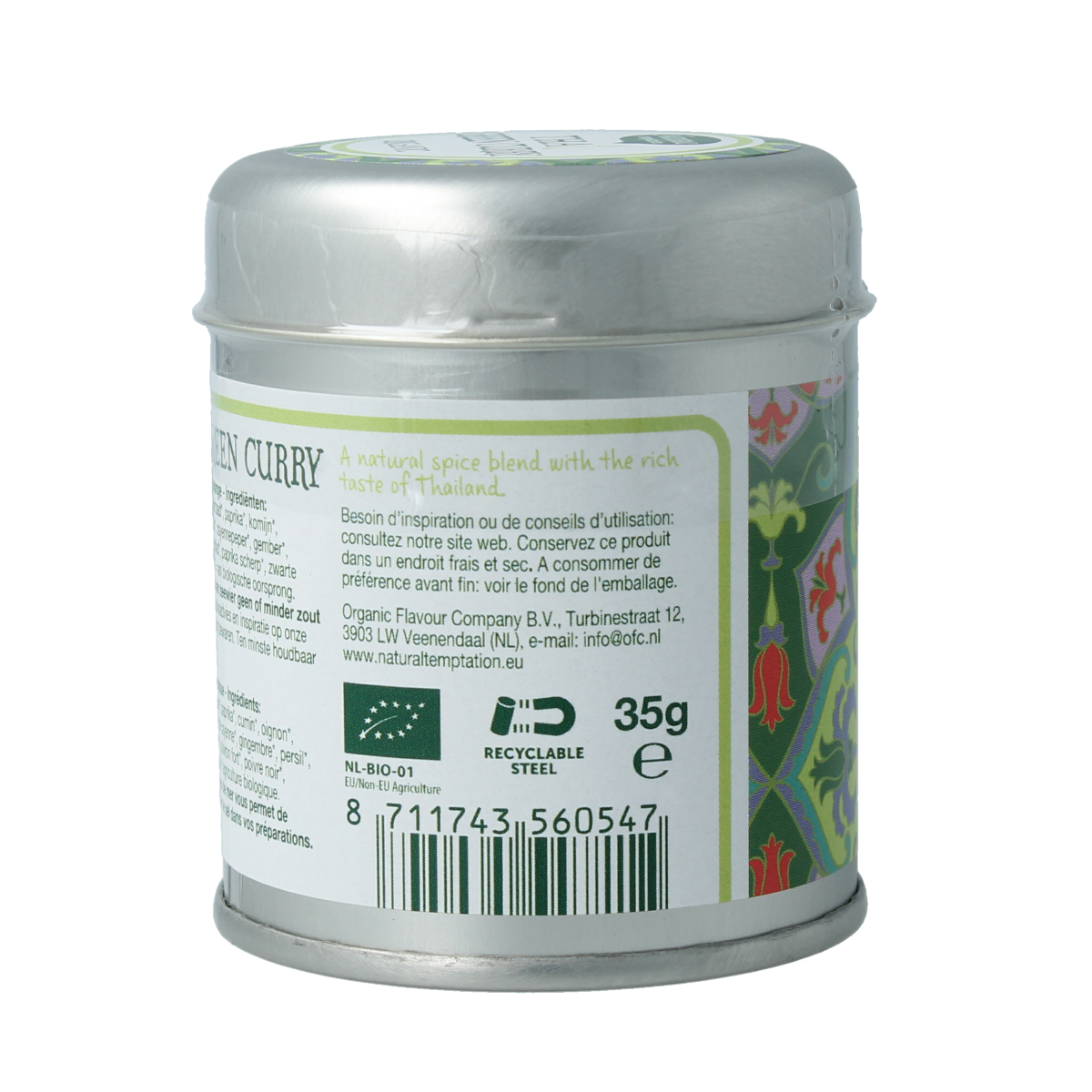 Natural Temptation Thai green curry kruiden en maaltijdmix, 35g bio blikje, with fresh herbs and spices for authentic flavor.