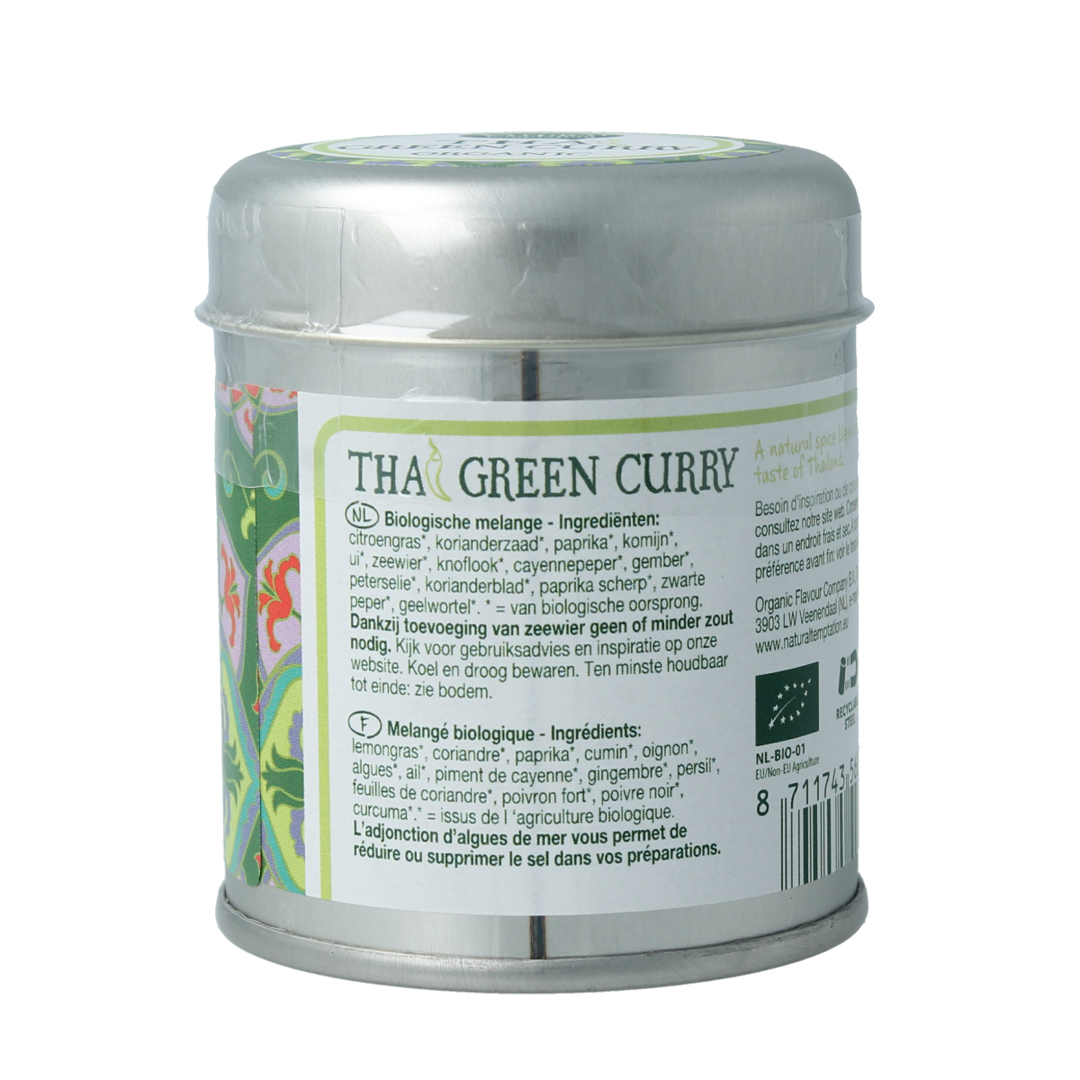 Natural Temptation Thai green curry kruiden en maaltijdmix in bio blikje, 35g, with fresh green curry spices and herbs.