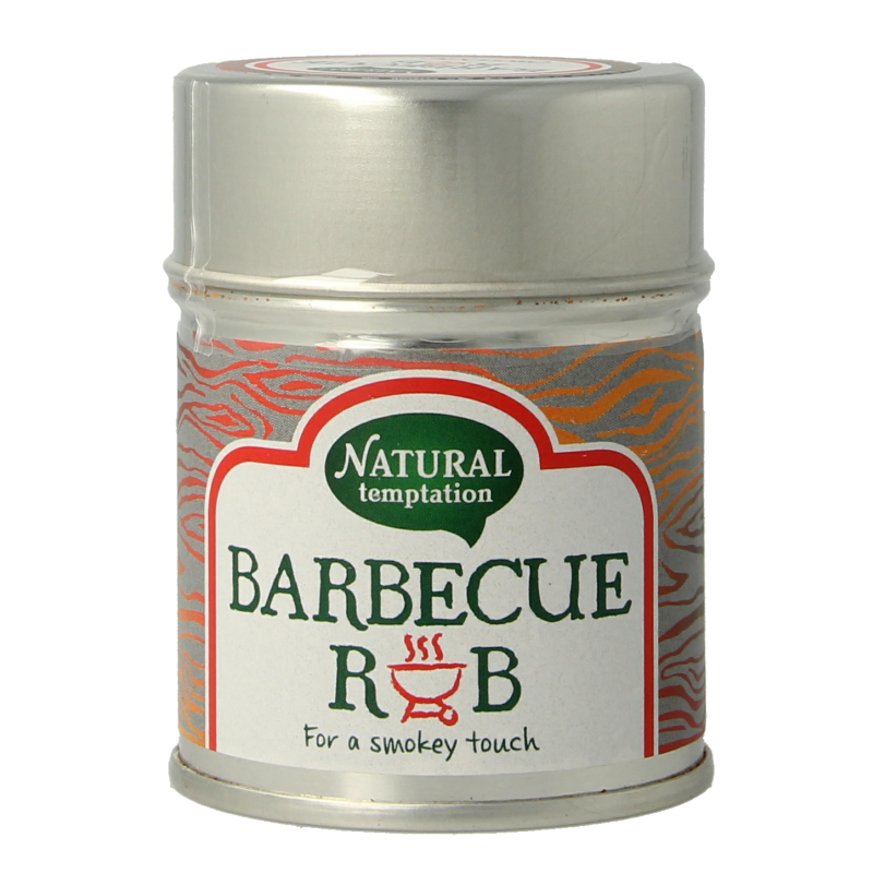 Natural Temptation barbecue rub in a 40g tin, organic blend of herbs, spices, and salt for flavorful grilling and cooking.
