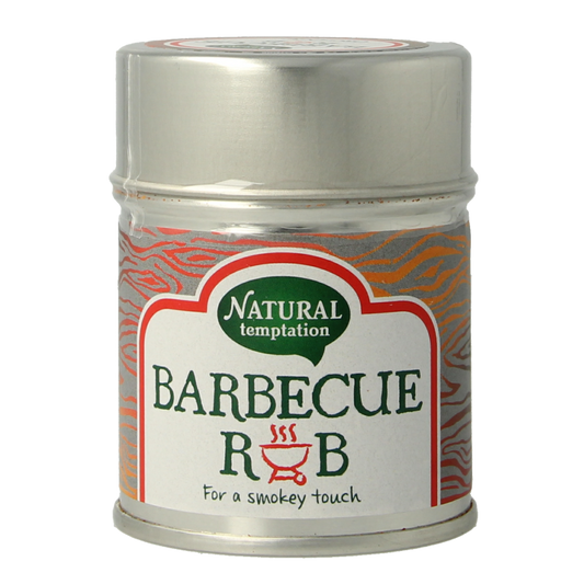 Natural Temptation barbecue rub in a 40g tin, organic blend of herbs, spices, and salt for flavorful grilling and cooking.