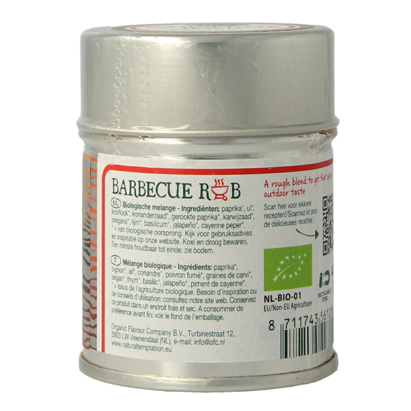 Natural Temptation barbecue rub in a 40g metal can, featuring organic herbs, spices, salts, and meal mix for grilling and cooking.