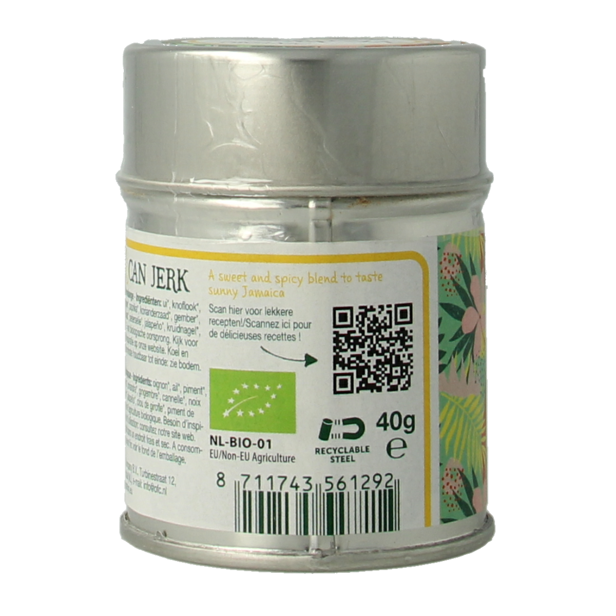 Natural Temptation Jamaican jerk kruiden en maaltijdmix, biologische 40g blikje with spices and seasoning for cooking.