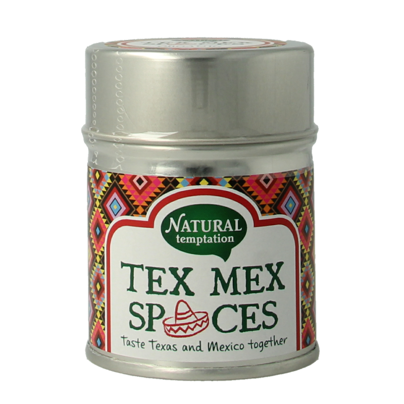 Natural Temptation Tex Mex spices tin containing 40 grams of organic kruiden, zout, and maaltijdmixen for flavorful cooking.