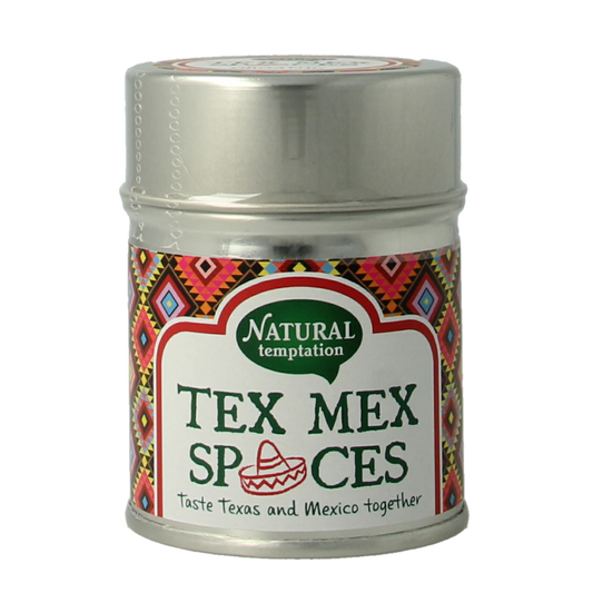 Natural Temptation Tex Mex spices tin containing 40 grams of organic kruiden, zout, and maaltijdmixen for flavorful cooking.
