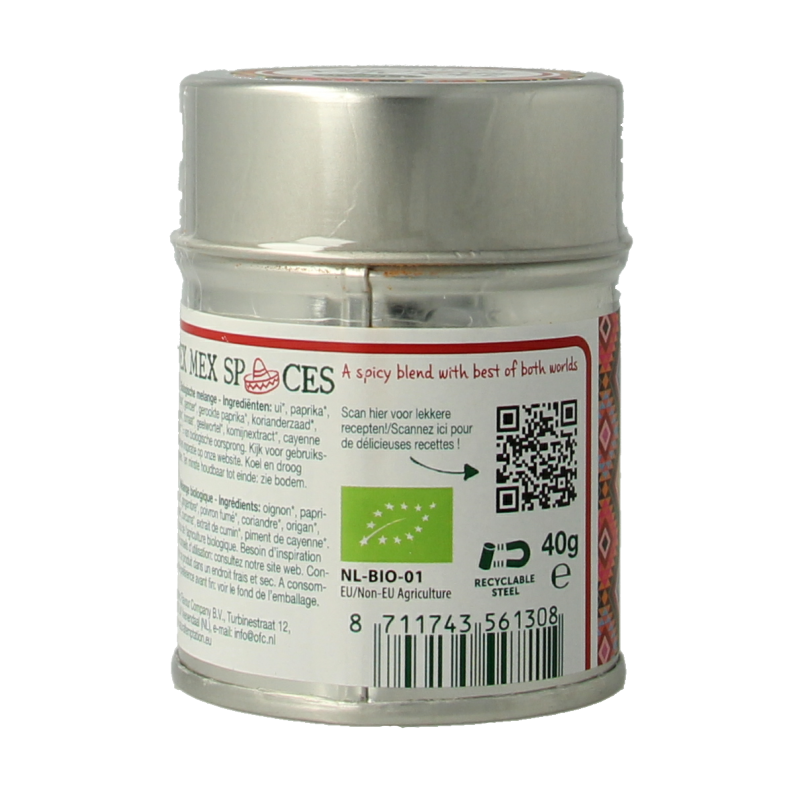 Natural Temptation Tex Mex spices in a 40g organic tin, featuring a blend of herbs, salts, and meal mix for flavorful cooking.