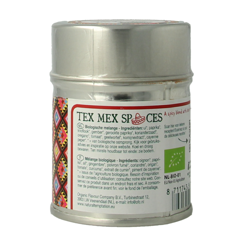 Natural Temptation Tex Mex spices blikje with organic seasoning, 40 grams, featuring a colorful mix of herbs and spices in a metal tin.