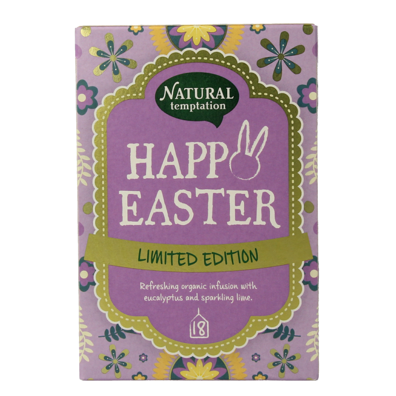 Natural Temptation Happy Easter bio coffee and tea gift pack with 18 sachets, featuring colorful Easter-themed packaging.