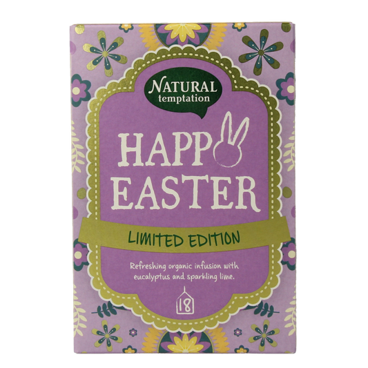 Natural Temptation Happy Easter bio coffee and tea gift pack with 18 sachets, featuring colorful Easter-themed packaging.
