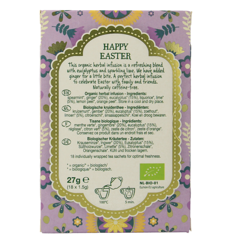 Natural Temptation Happy Easter organic coffee and tea gift pack with 18 sachets, featuring colorful Easter-themed packaging.