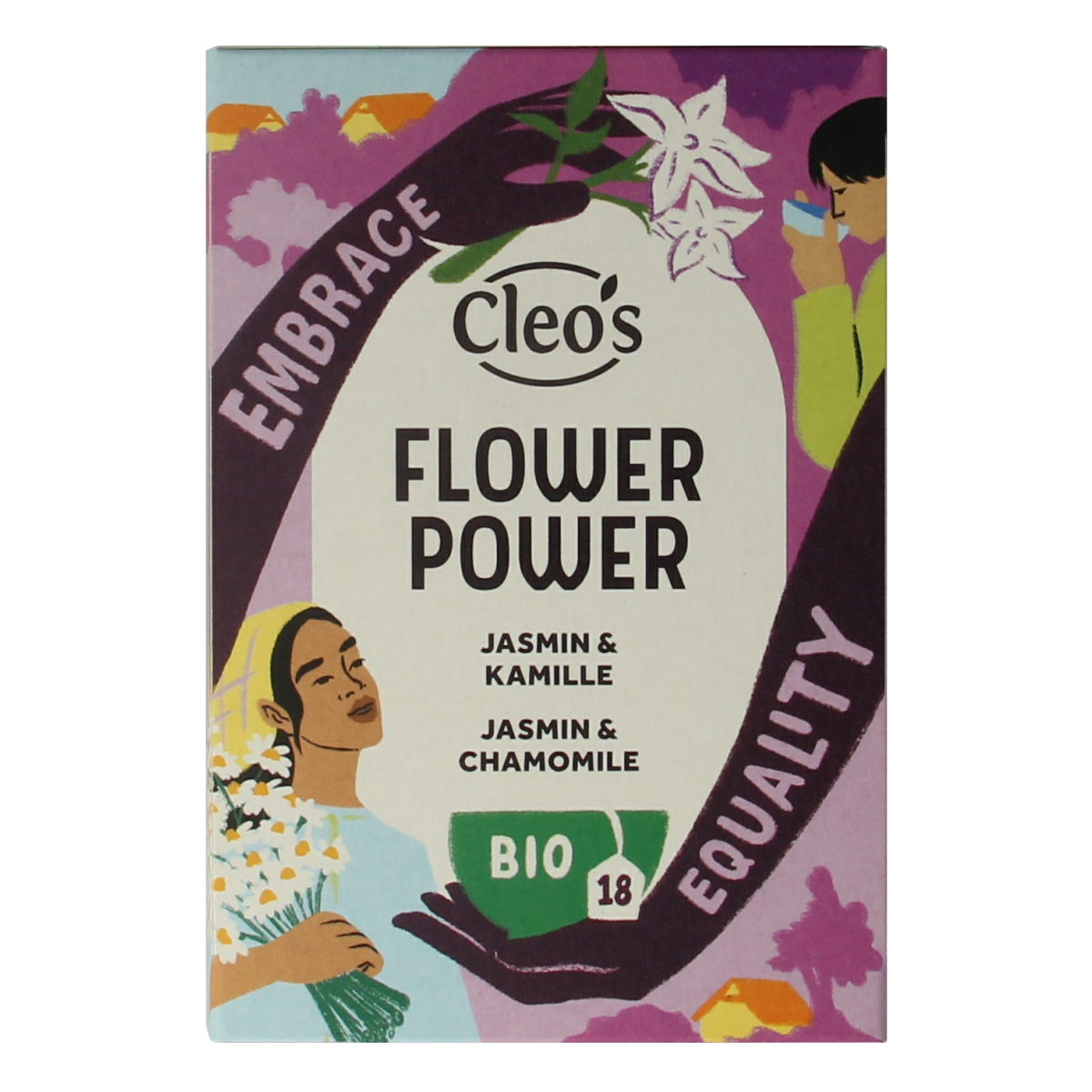 Cleo's Flower Power bio coffee and tea blend in a colorful package, featuring floral designs and natural ingredients.
