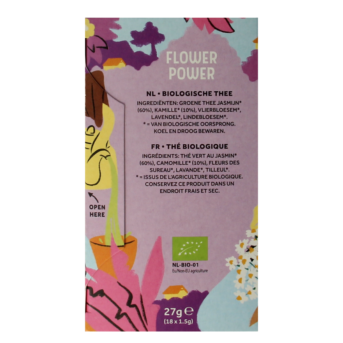 Cleo's Flower Power bio coffee and tea blend in eco-friendly packaging with floral design on the label.