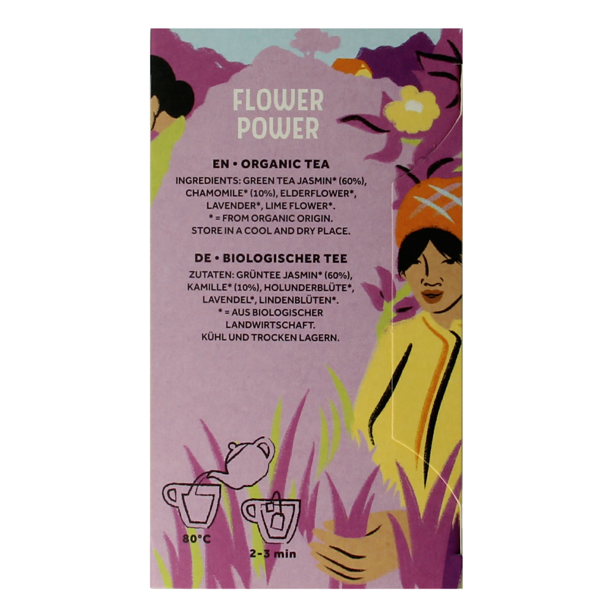 Cleo's Flower Power Bio coffee and tea sachets, eco-friendly packaging, featuring colorful flower illustrations on the label.