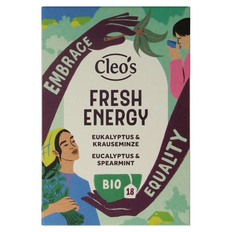Cleo's Fresh Energy Bio coffee and tea sachets, eco-friendly packaging, with vibrant branding and fresh product design.