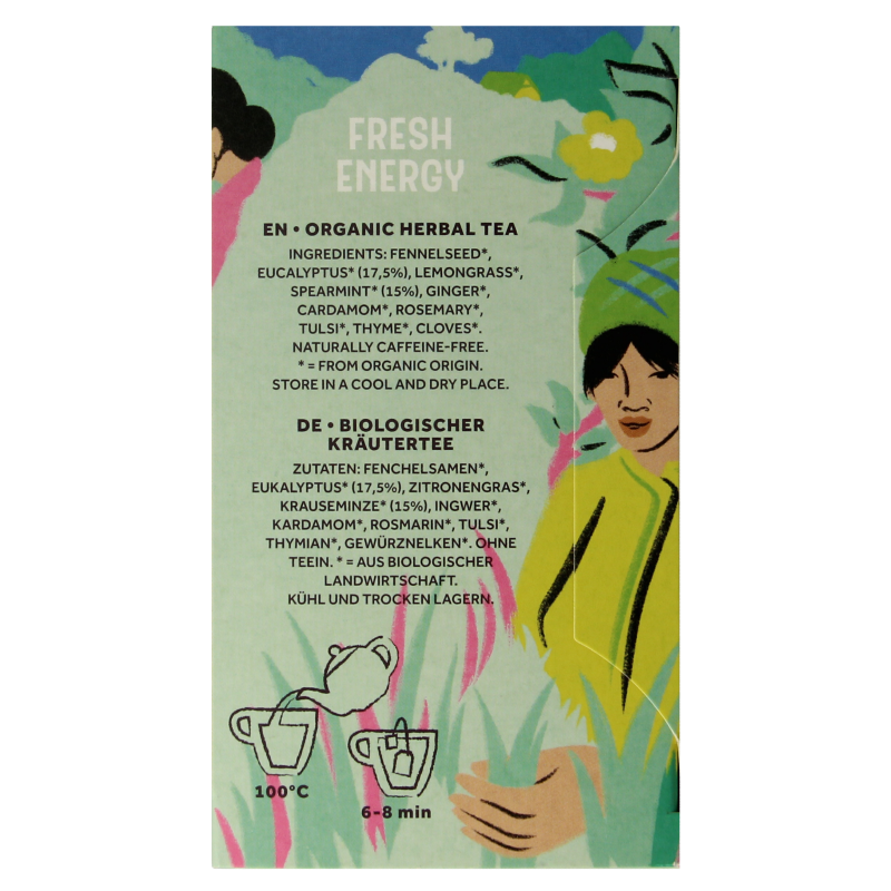 Cleo's Fresh Energy Bio 18 tea and coffee sachets, organic blend in colorful packaging, ideal for a natural boost.
